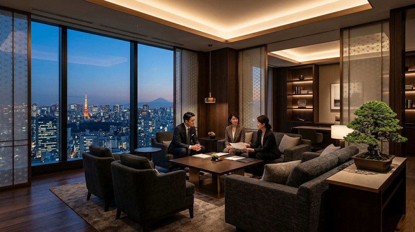 東京の夜景を望むMOZUのプライベートサロンで打ち合わせをする様子